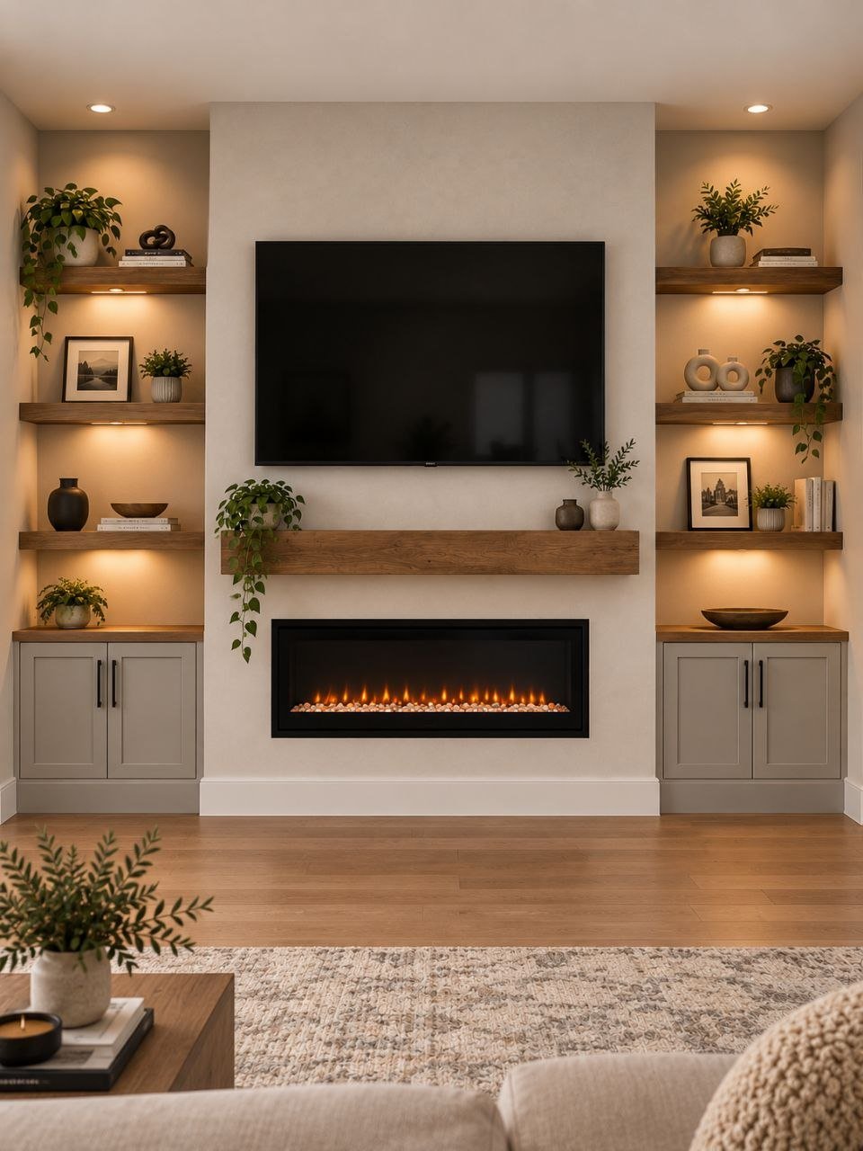 Modern media wall with floating shelves and built-in cabinets in Charlotte, NC by Fast Fix Charlotte