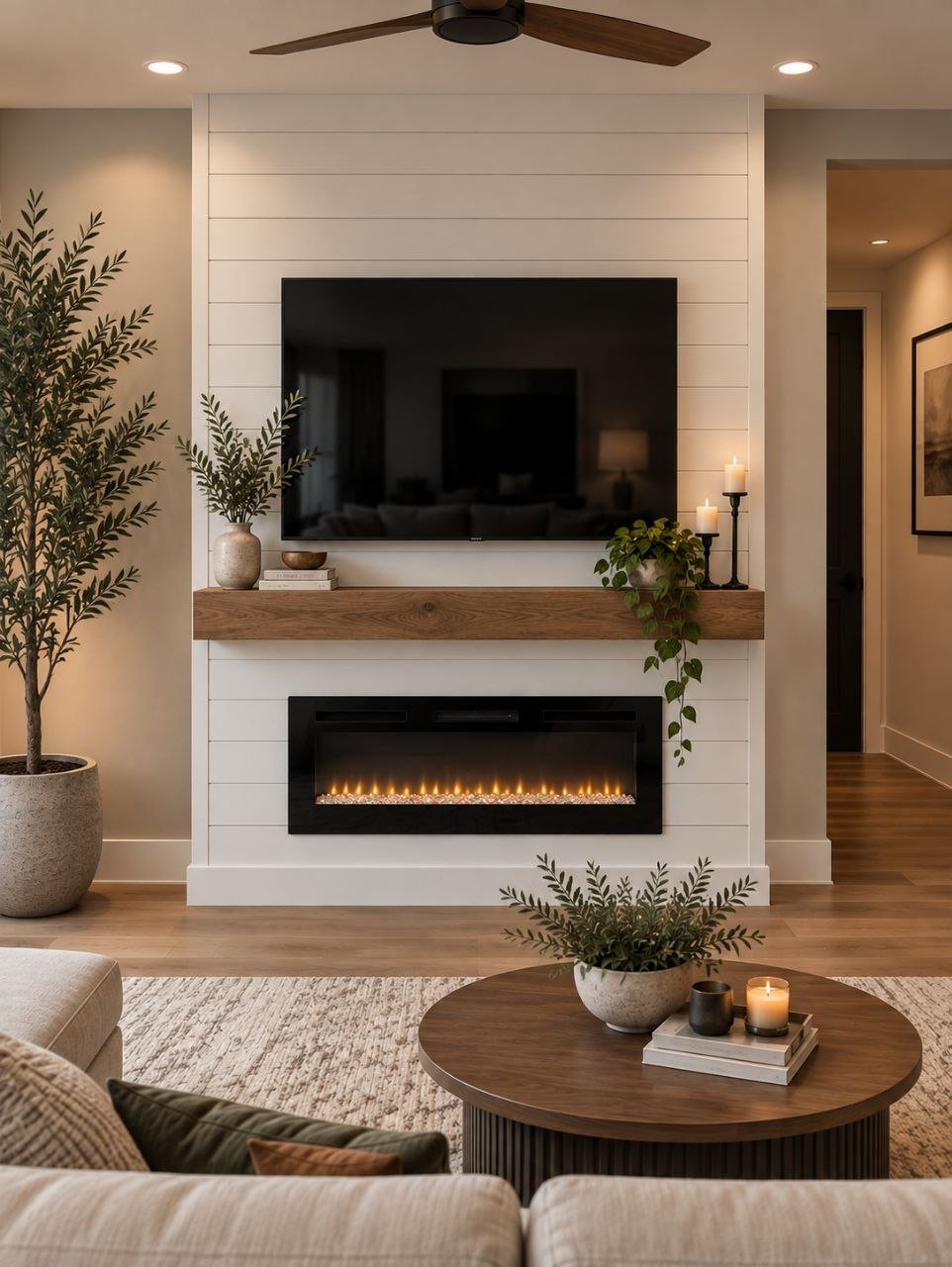 White shiplap fireplace feature wall with wood mantle and plants in Charlotte, NC by Fast Fix Charlotte